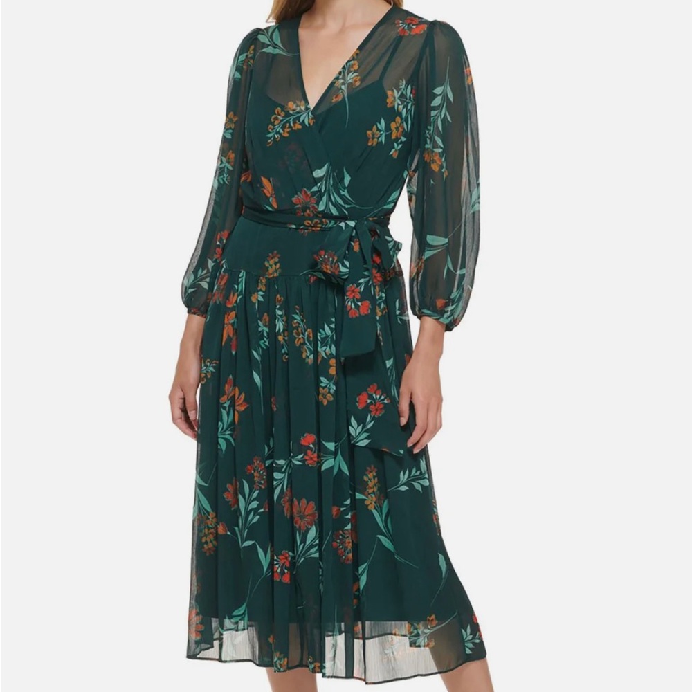 Calvin Klein green floral dress (Chiffon floral wrap dress). Tea length